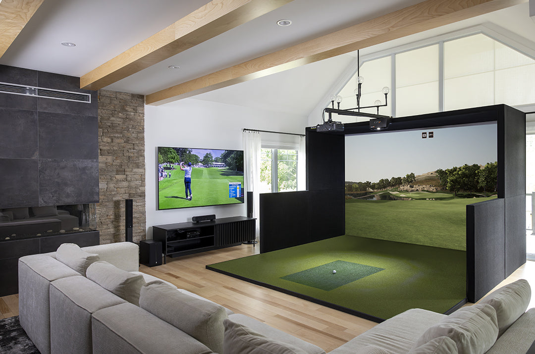 Modern living room with a large screen displaying a golf simulation game.