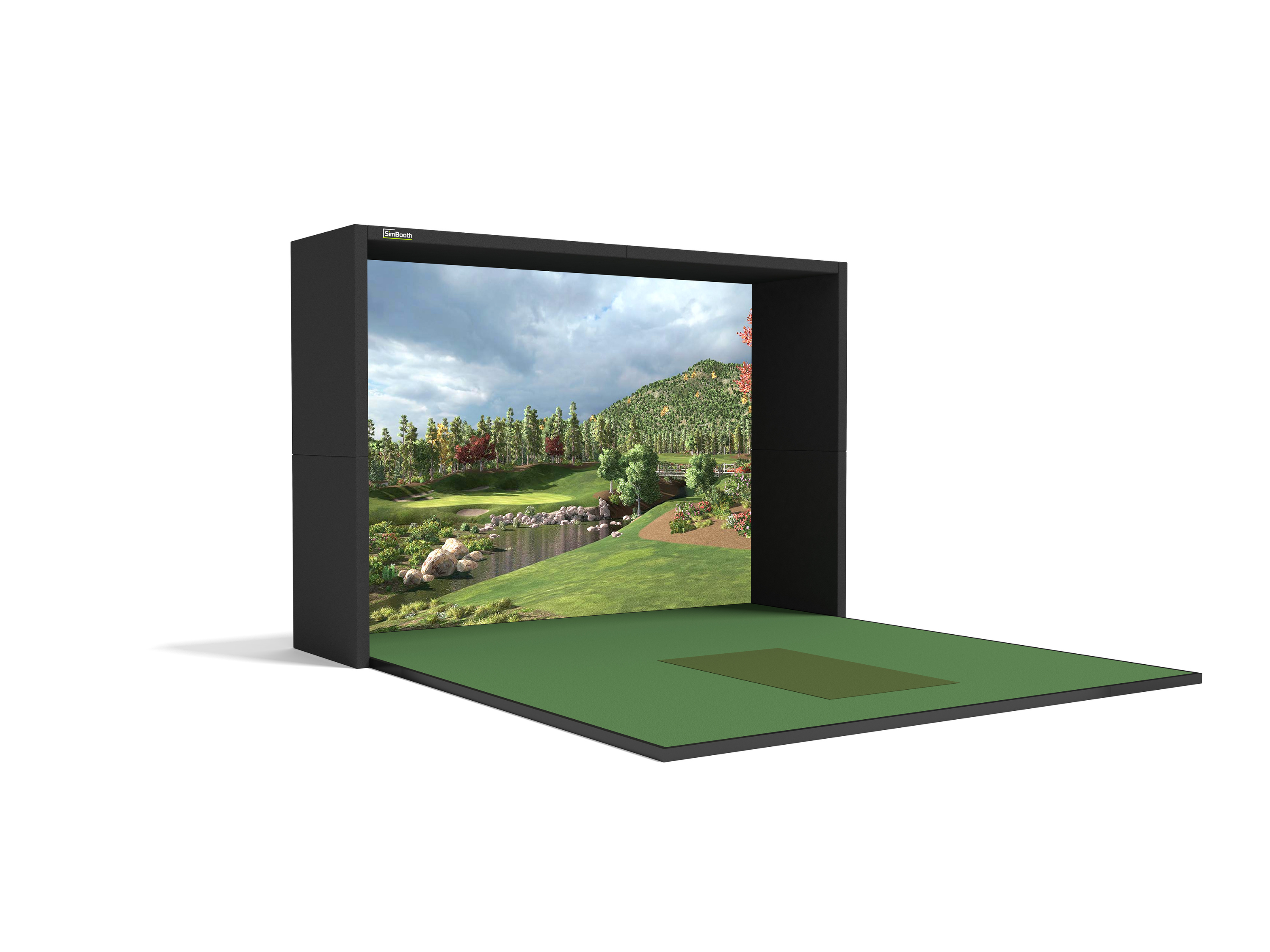 Golf simulator screen with a scenic golf course display on a white background